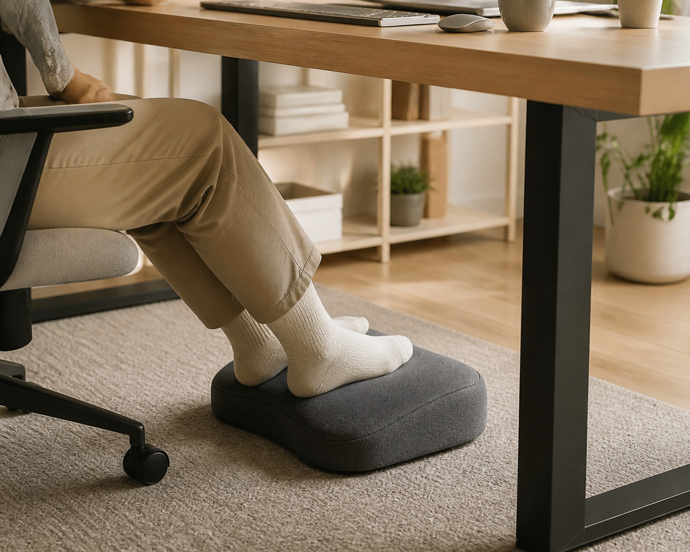 Generic AI-generated editorial illustration of an under-desk foot rest cushion in a home office