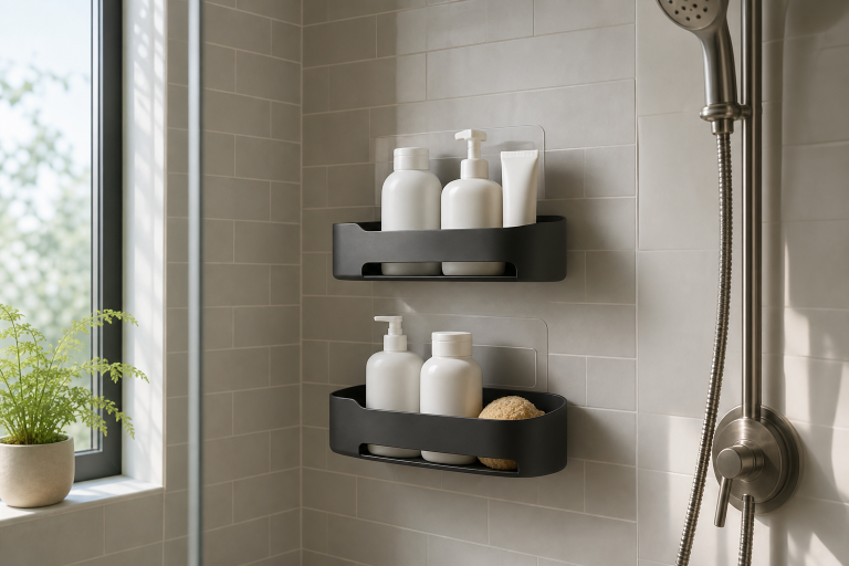 Generic AI-generated editorial illustration of no-drill adhesive shower shelves in a tiled shower