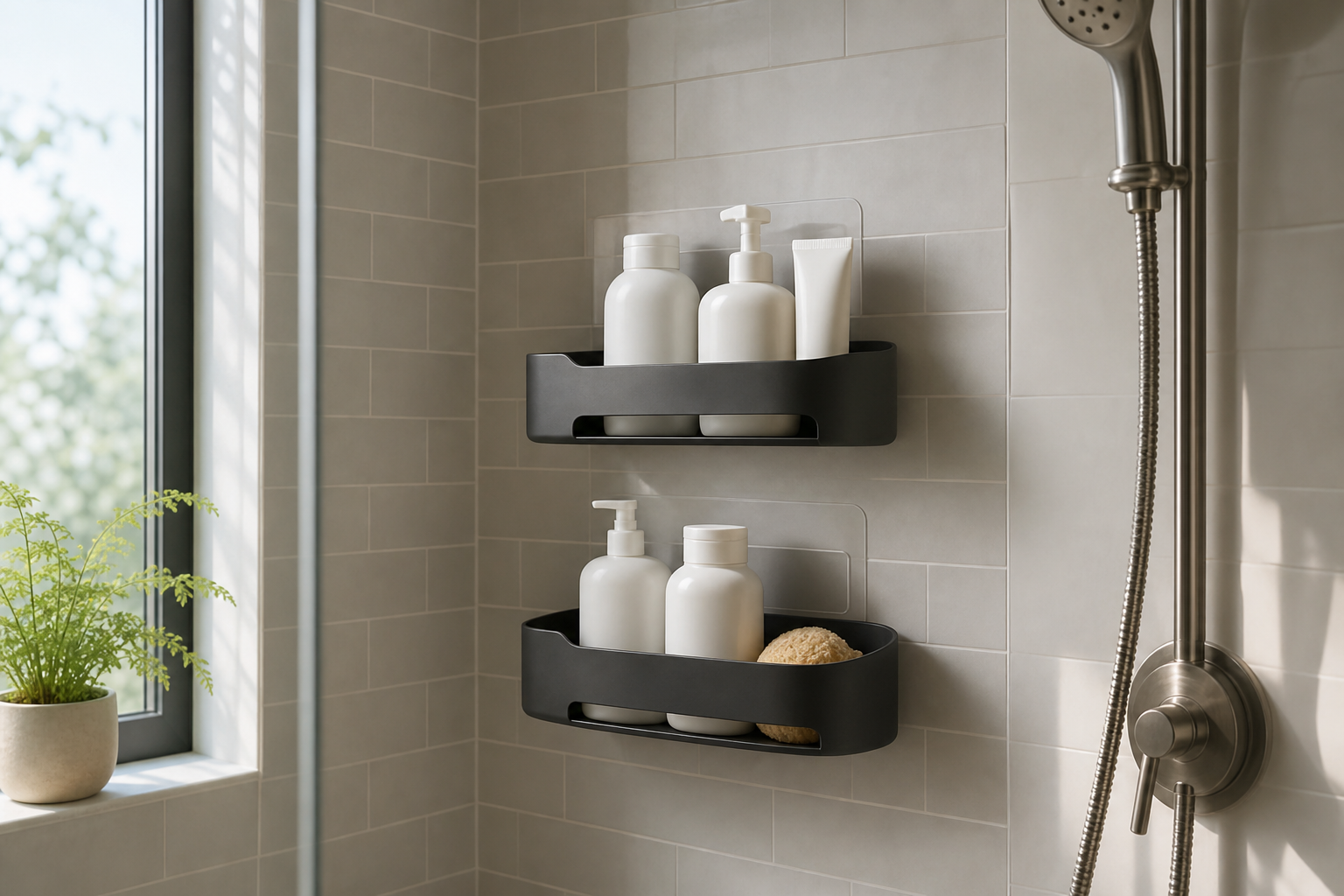 Generic AI-generated editorial illustration of no-drill adhesive shower shelves in a tiled shower