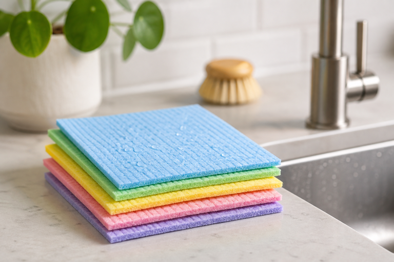 Stack of colorful reusable Swedish dishcloths beside a kitchen sink