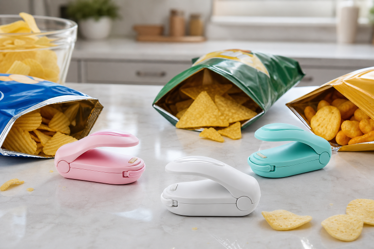 Generic mini handheld heat bag sealers near opened snack bags on a kitchen counter