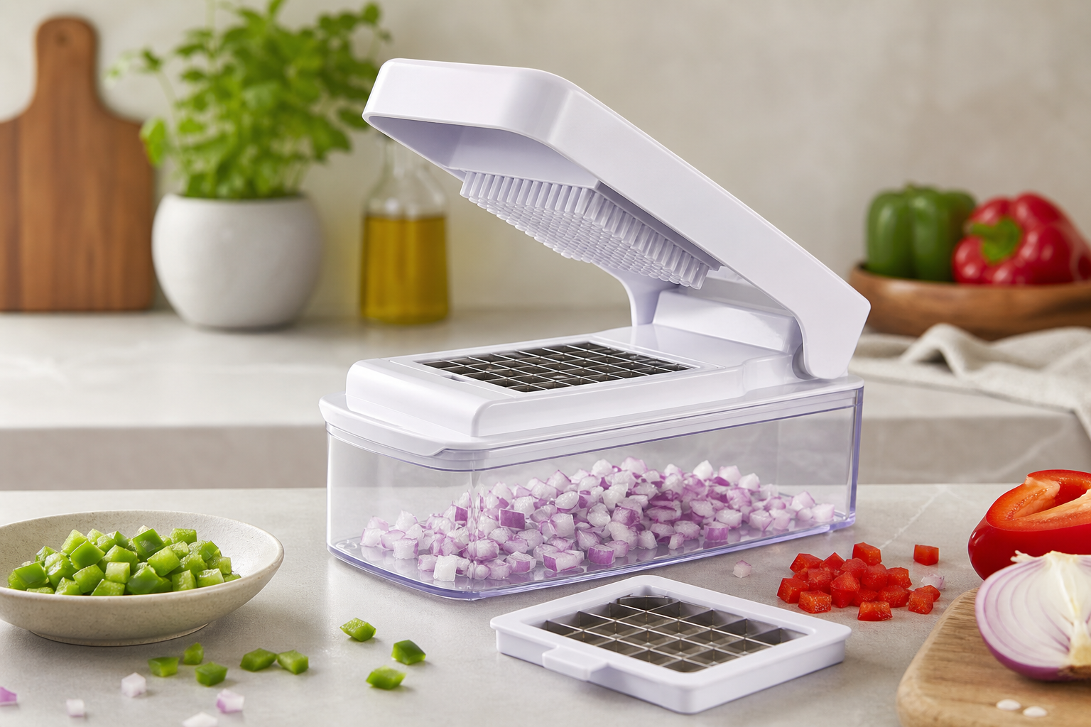 Generic manual vegetable chopper with chopped vegetables on a kitchen counter