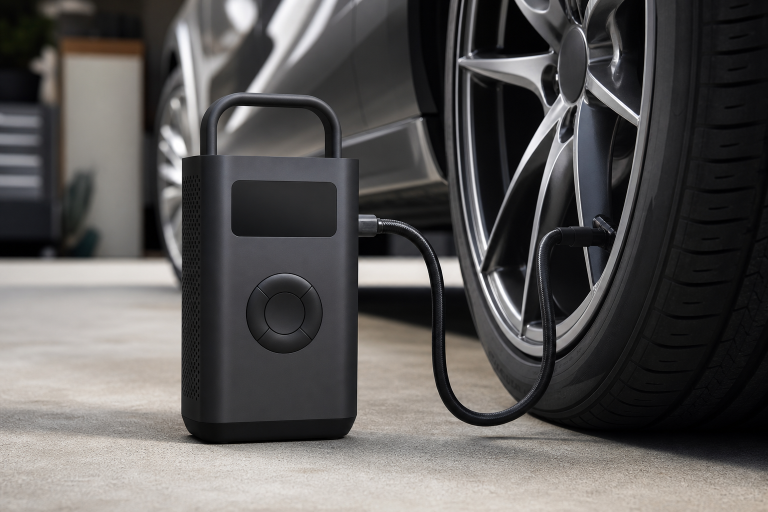 Generic cordless portable tire inflator beside a car tire