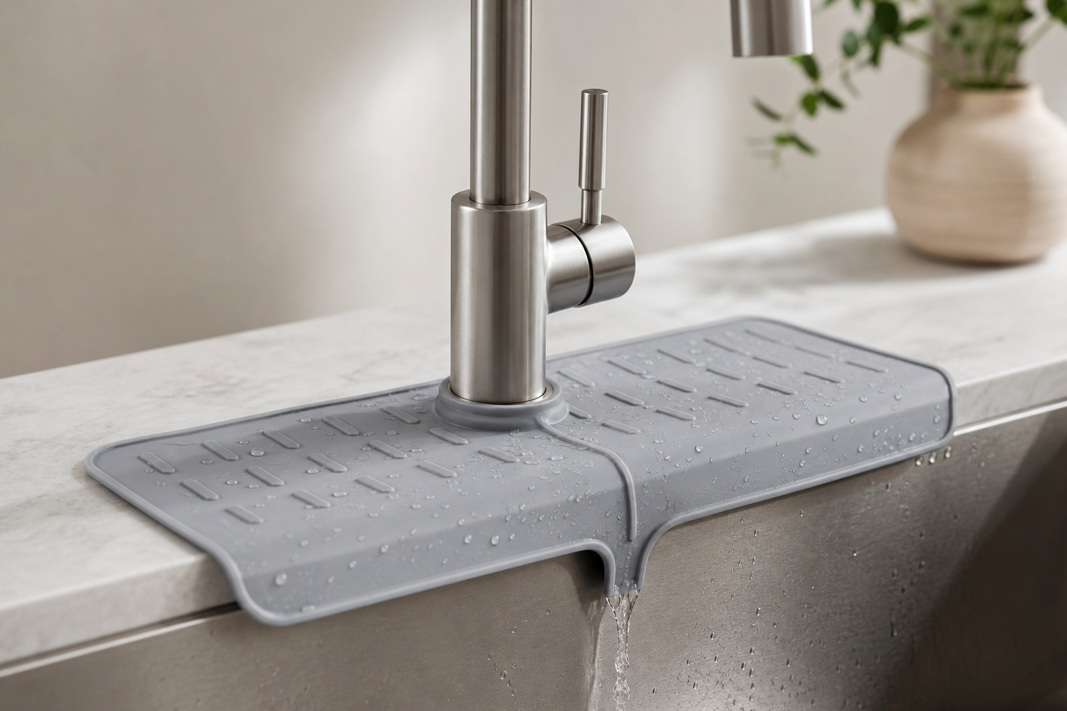 Generic silicone faucet splash guard mat around a kitchen sink faucet