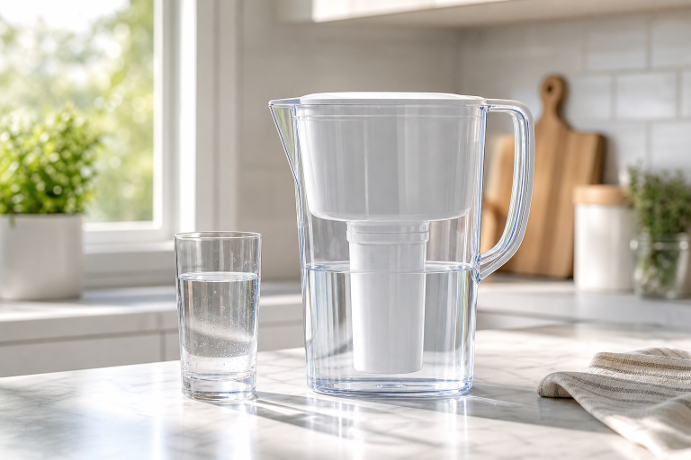 Generic clear water filter pitcher on a bright kitchen counter beside a glass of water