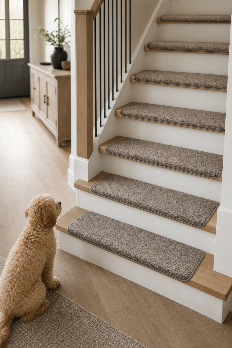 Generic removable carpet stair treads on a modern staircase with a small dog nearby