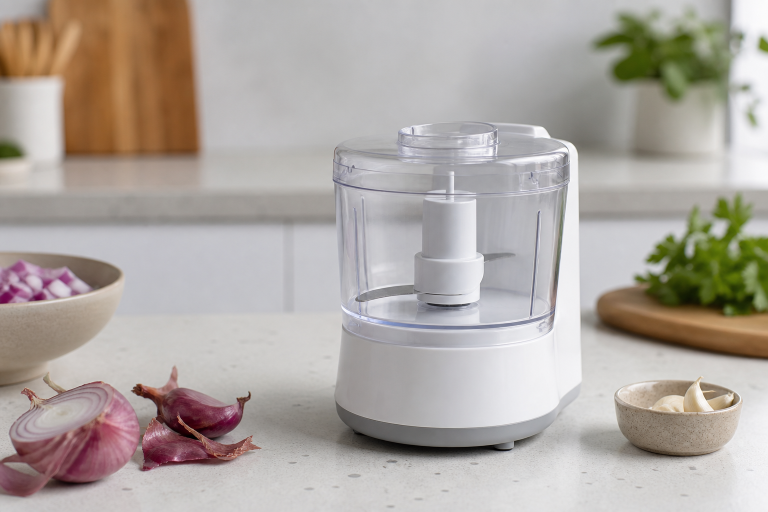 Generic compact mini food processor on a kitchen counter with onions and herbs
