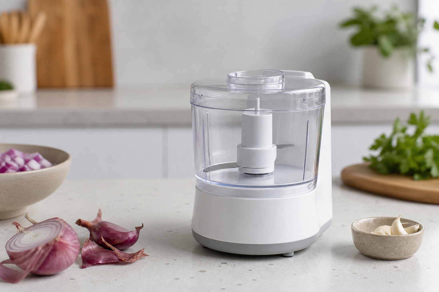 Generic compact mini food processor on a kitchen counter with onions and herbs