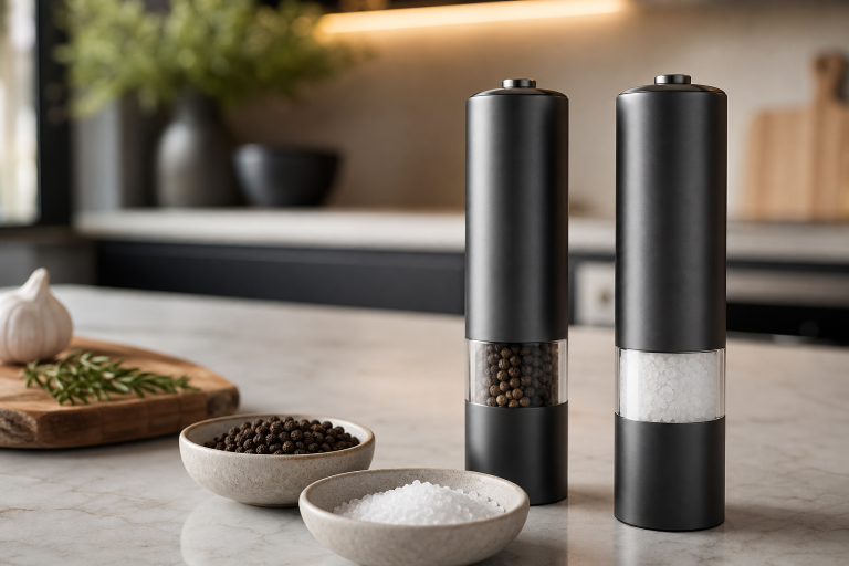 Generic automatic electric salt and pepper grinders on a kitchen counter