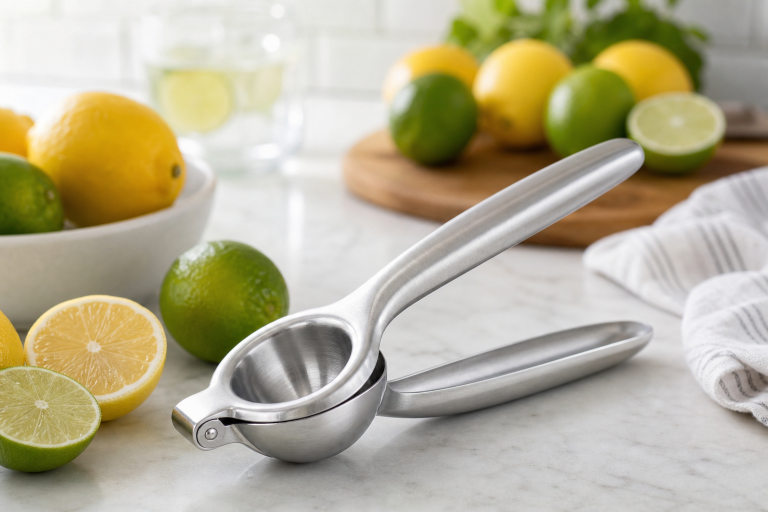 Generic stainless steel citrus press with lemons and limes on a kitchen counter