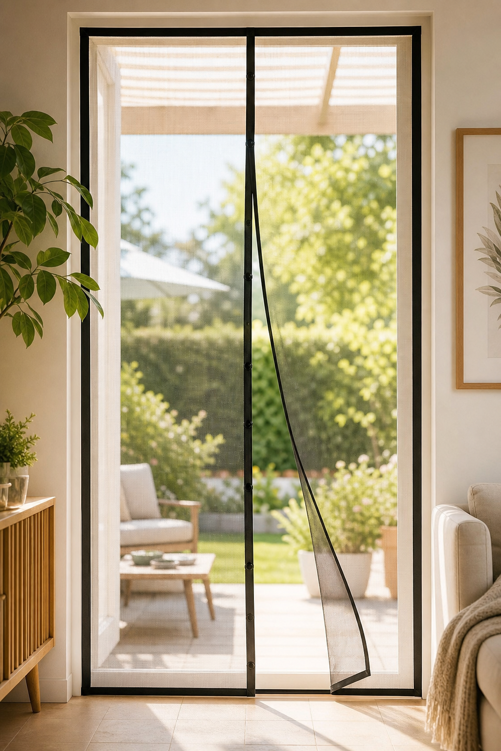 Generic magnetic mesh screen door in a sunny patio doorway
