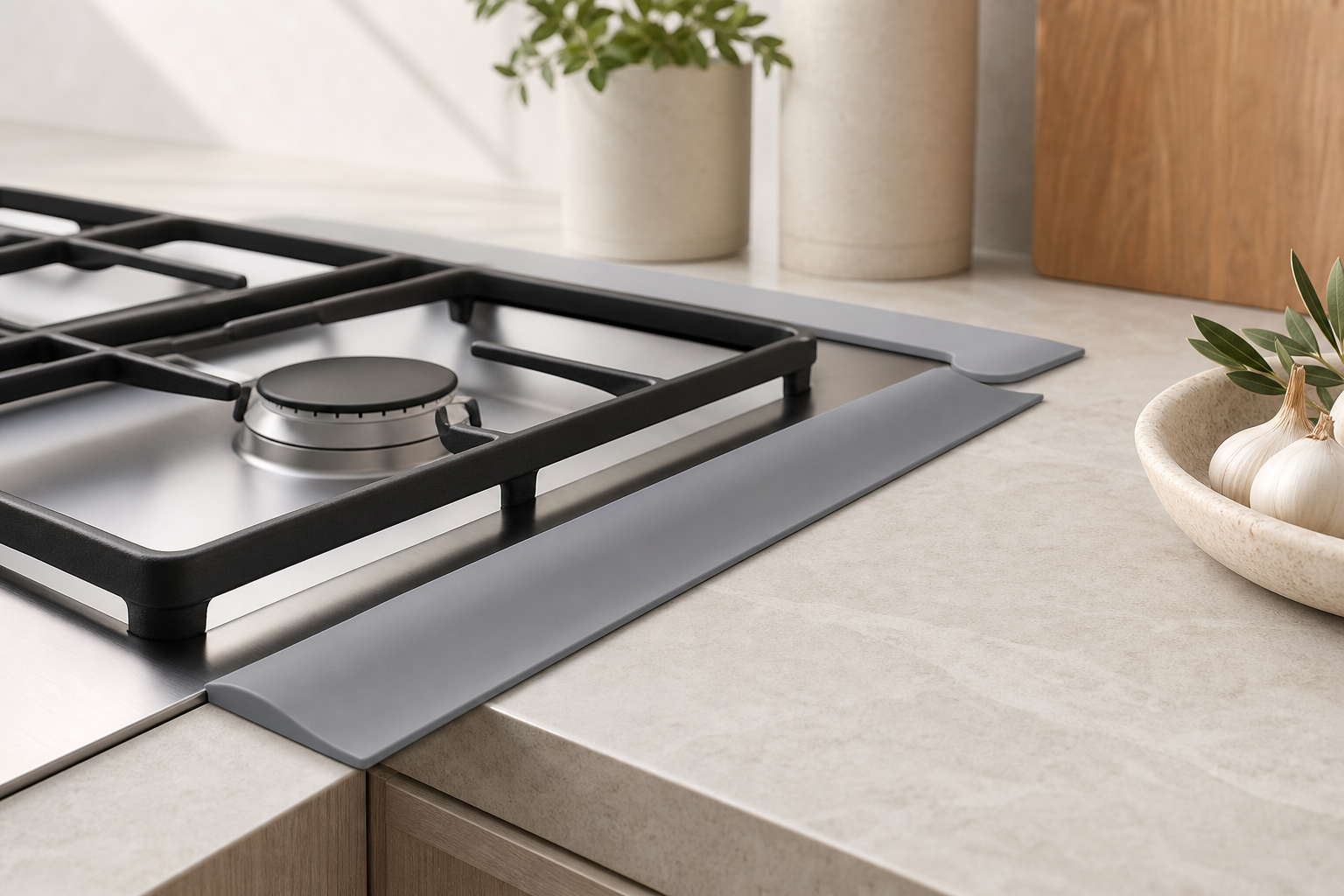 Generic silicone stove gap covers bridging the space between a stovetop and kitchen counter