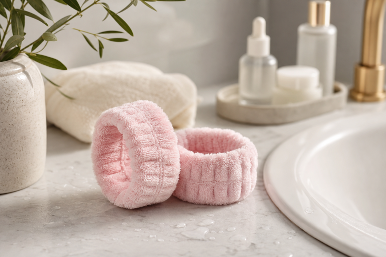 Generic pink microfiber wrist wash bands beside a bathroom sink with skincare items in the background