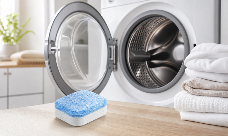 Generic washing machine cleaner tablet beside an open washer in a bright laundry room