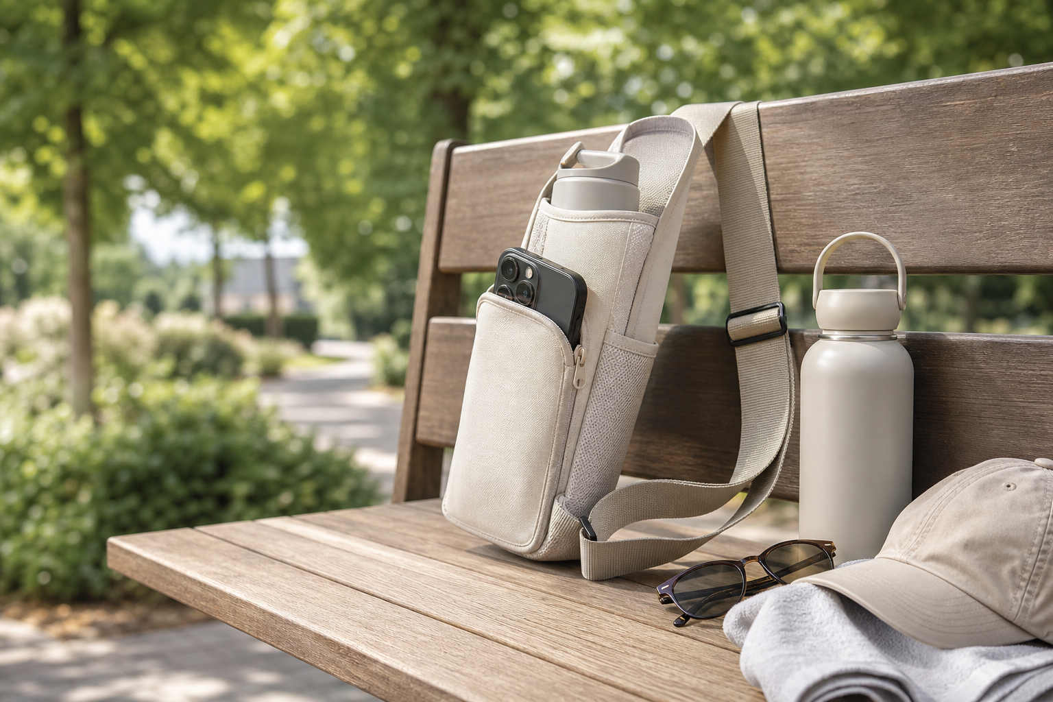 Generic crossbody water bottle carrier sling with phone pocket on a park bench