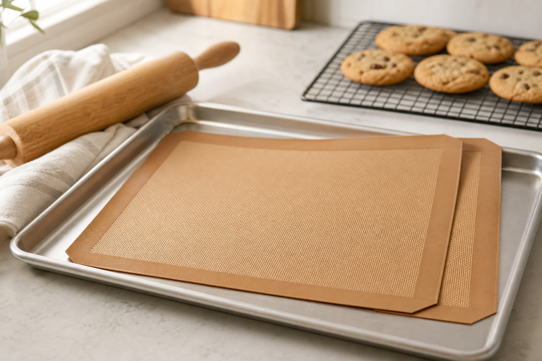 Generic silicone baking mats on a metal baking sheet in a kitchen