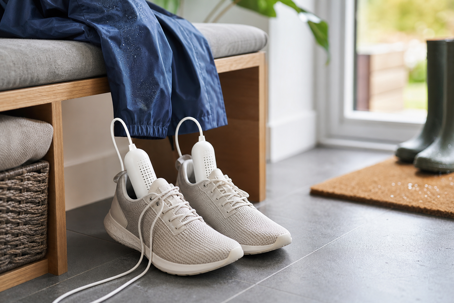 Generic electric shoe dryers drying sneakers near an entryway