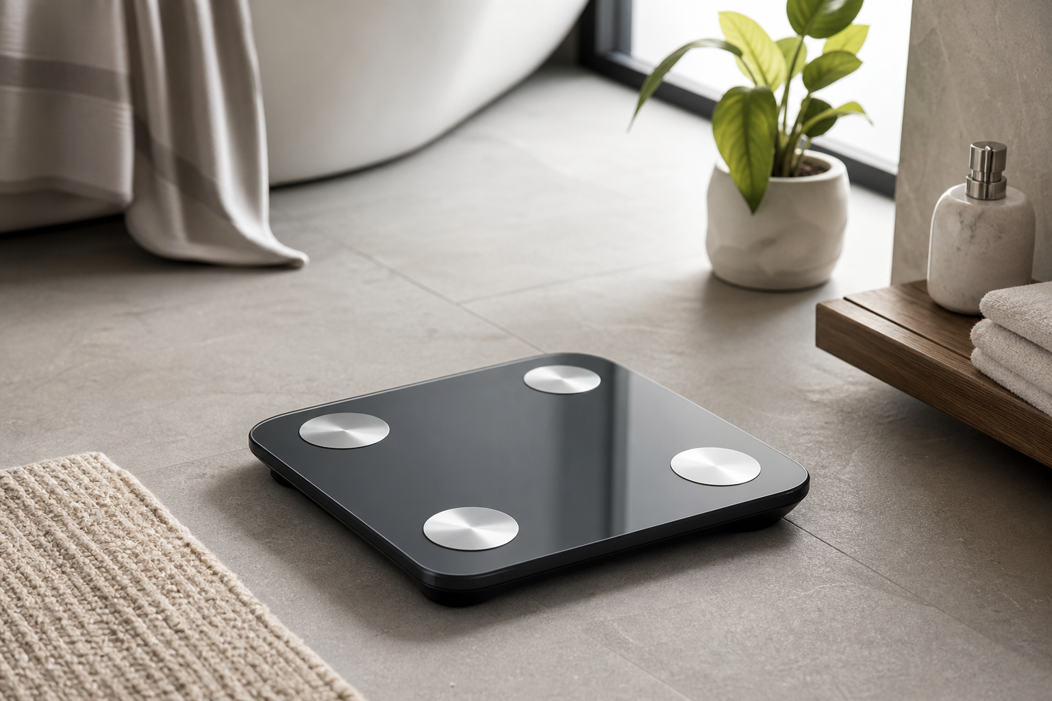 Generic smart digital bathroom scale on a clean bathroom floor