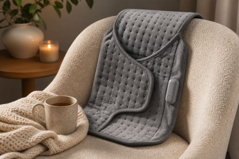 Generic wearable cordless heating pad on a cozy chair
