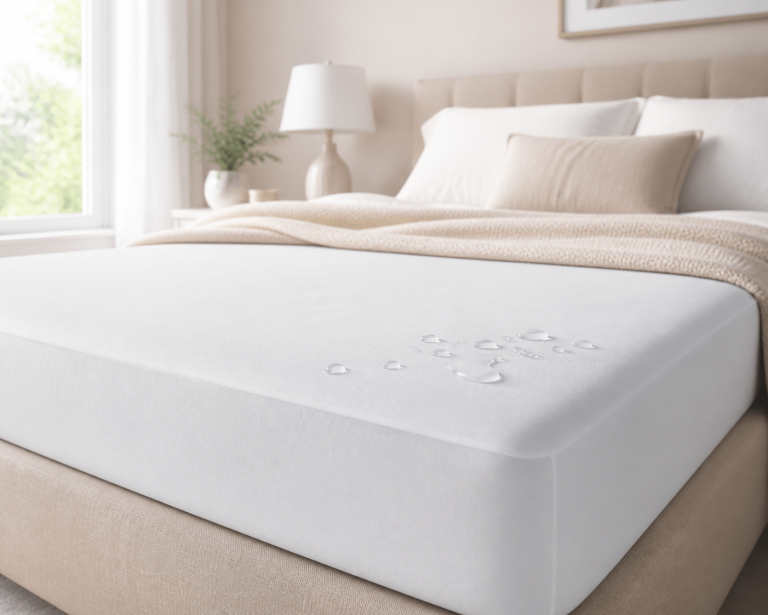 Generic waterproof mattress protector fitted over a bed with water droplets