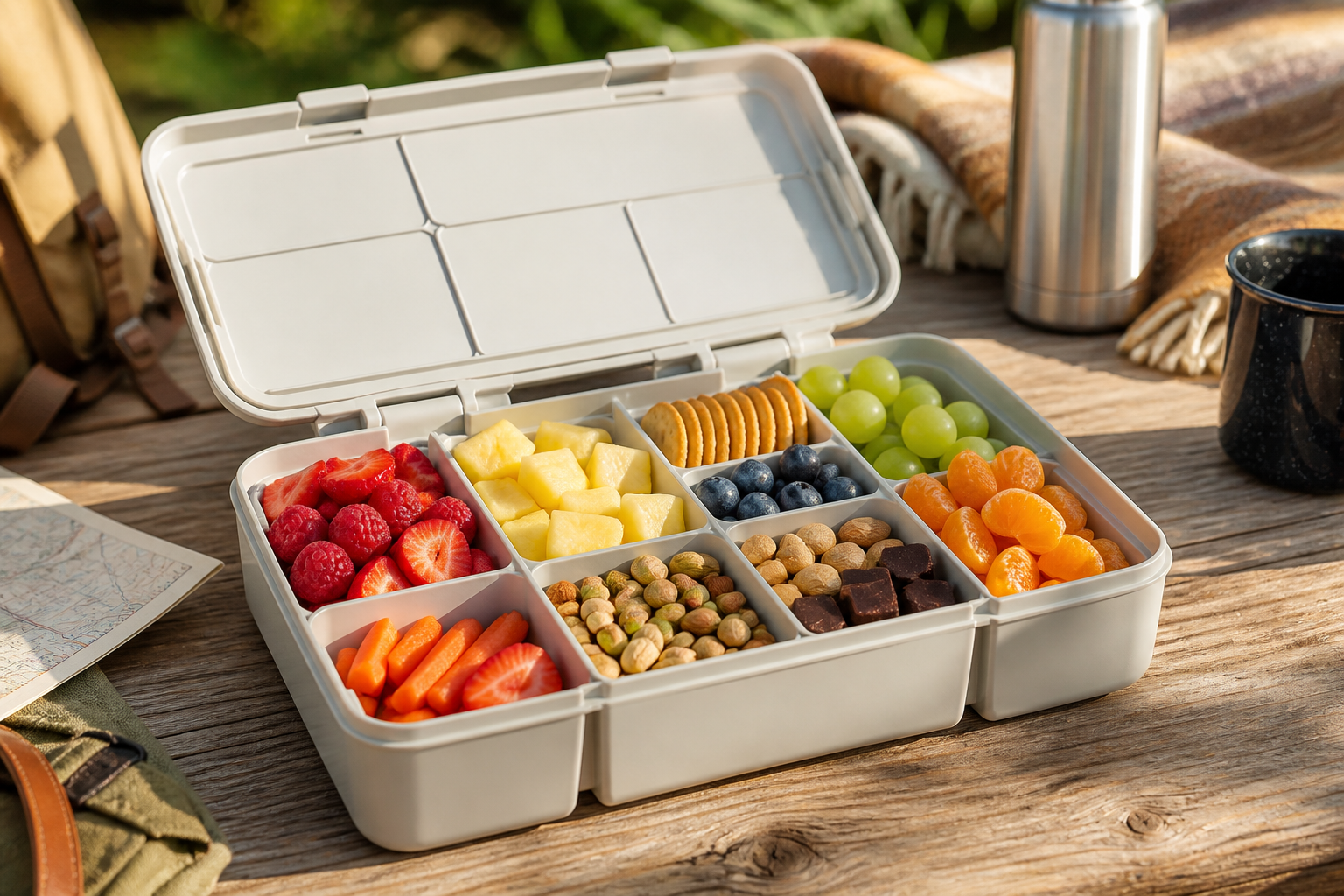 Generic divided portable snack box filled with fruit crackers nuts and snacks on an outdoor table